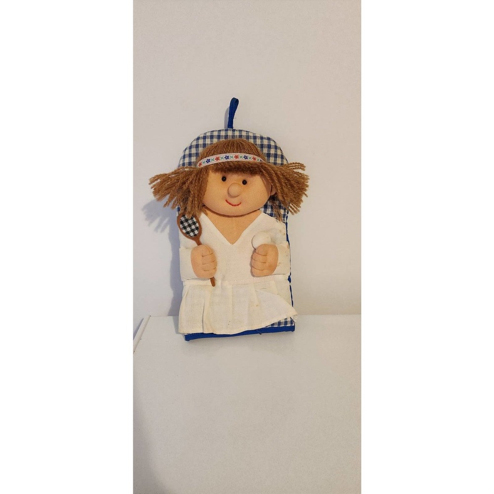 Vintage person decoration oven mitt person tennis star blue white racket plaid